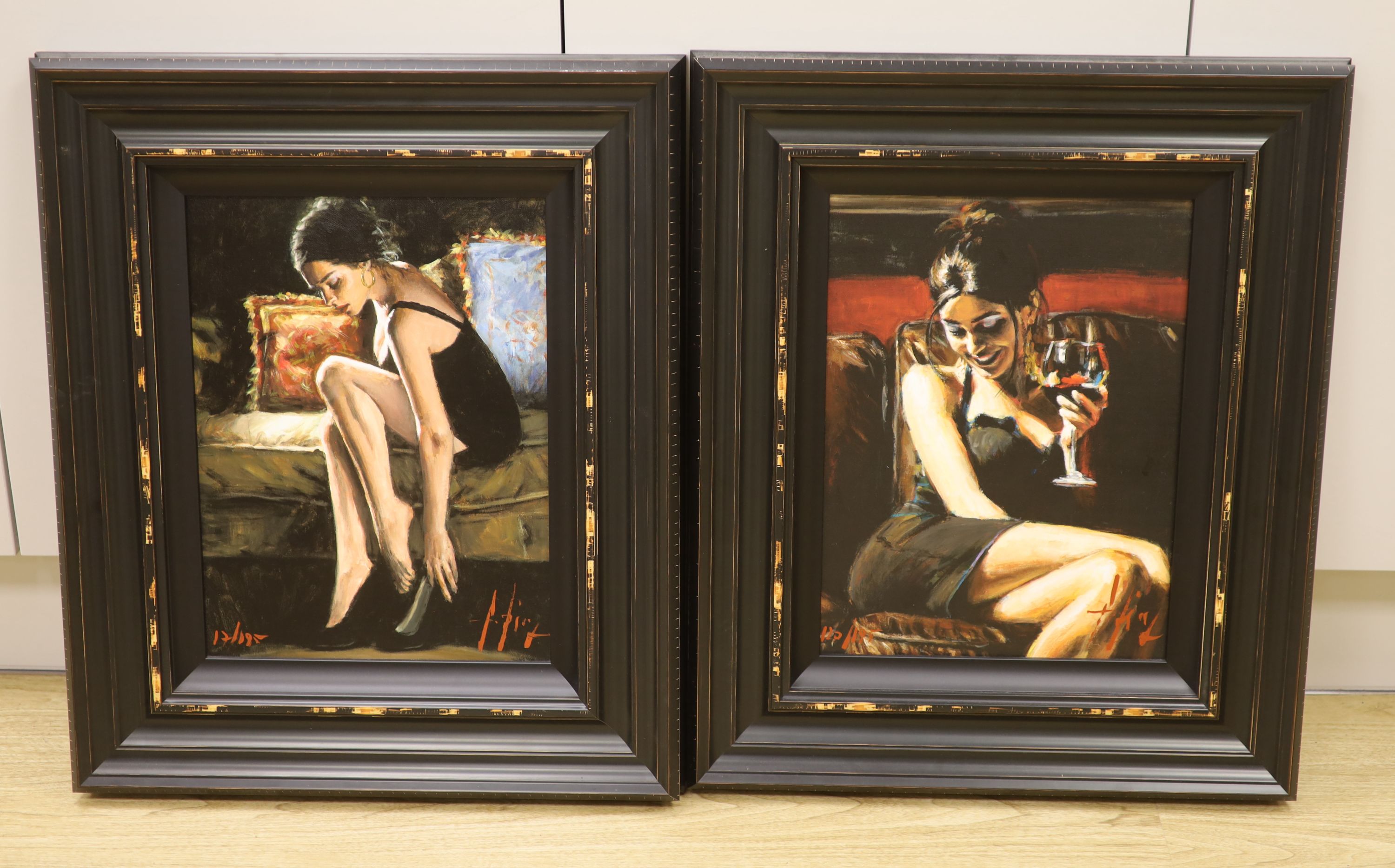 Fabian Perez, two hand embellished glicee canvases, Blue and Red III, 17/195 and Tess VII, 120/195, both with COA, 40 x 30cm